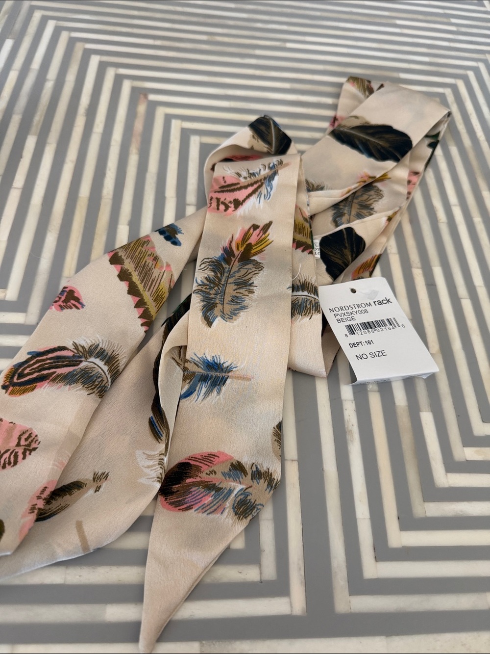 Nordstrom Beige Twilly Scarf with Multicolor Feather Print